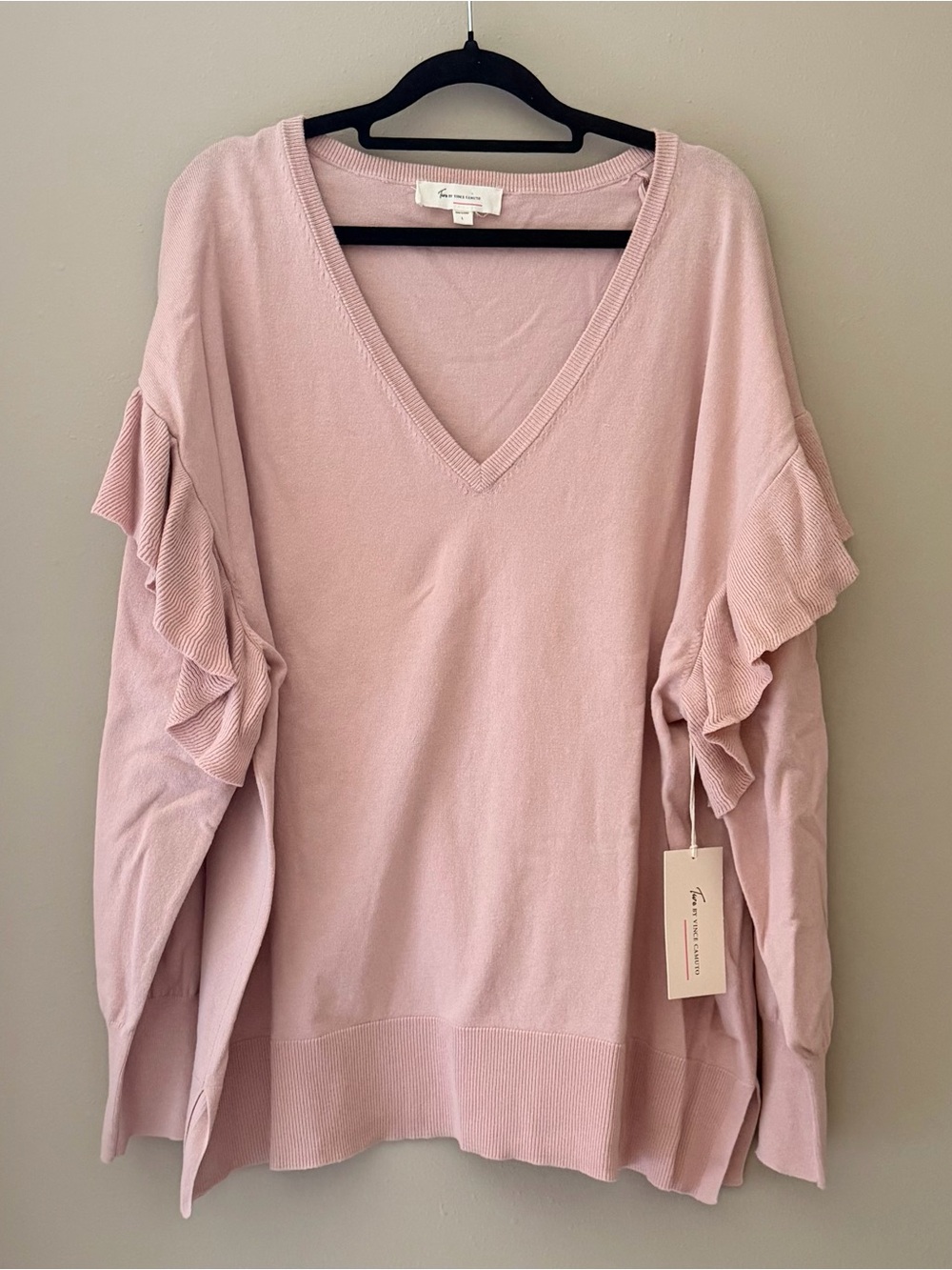 Ruffle Sleeve V-Neck Sweater Blush Pink NWT Large Oversized Two by Vince Camuto